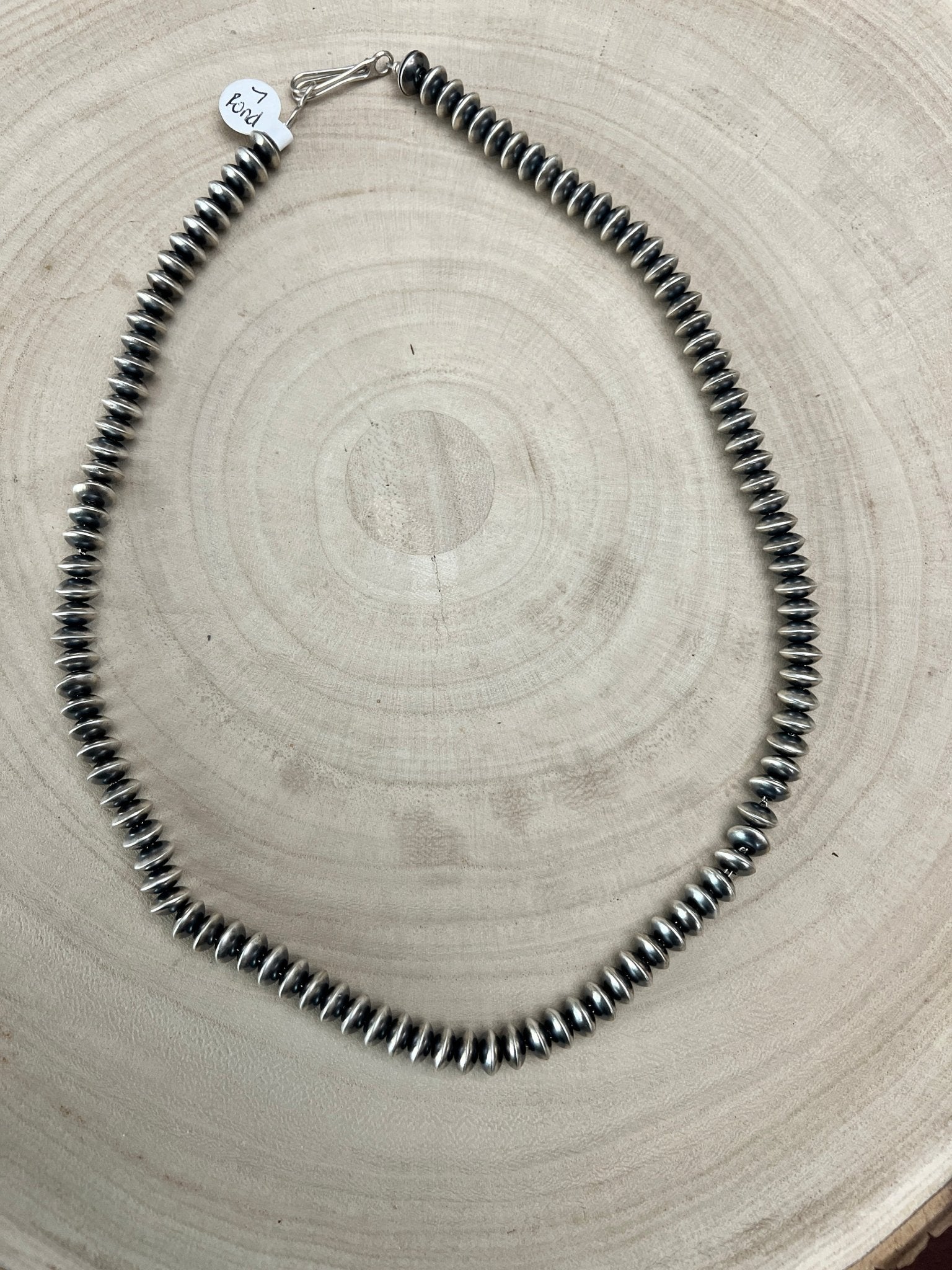 Dorinda Mariano Navajo Sterling Silver Handcrafted Navajo Pearl Necklace — 20" (5mm×8mm Graduated Beads, D. Mariano Hallmarked, Heirloom) - Cowhide and Conchos