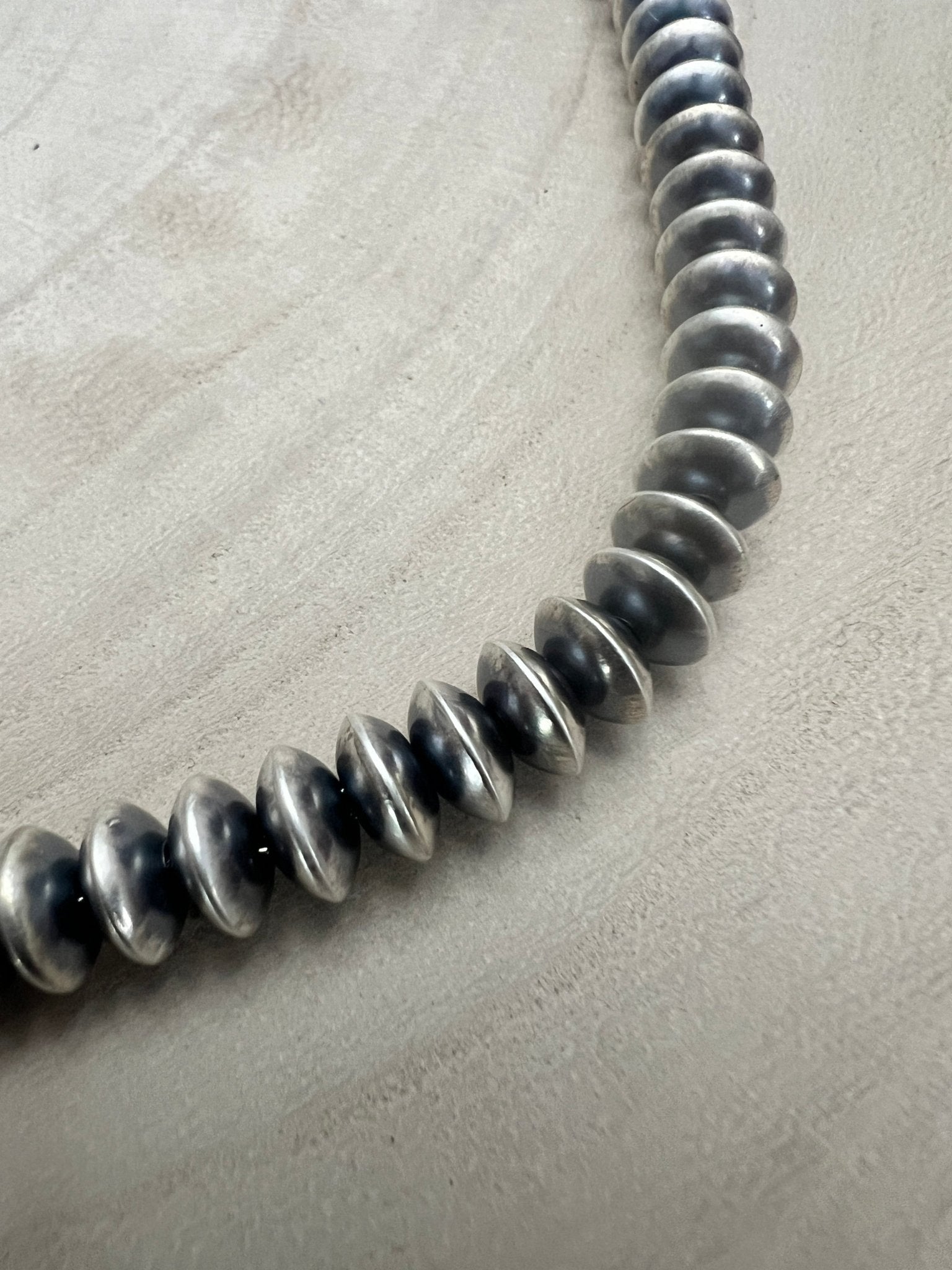 Dorinda Mariano Navajo Sterling Silver Handcrafted Navajo Pearl Necklace — 20" (5mm×8mm Graduated Beads, D. Mariano Hallmarked, Heirloom) - Cowhide and Conchos