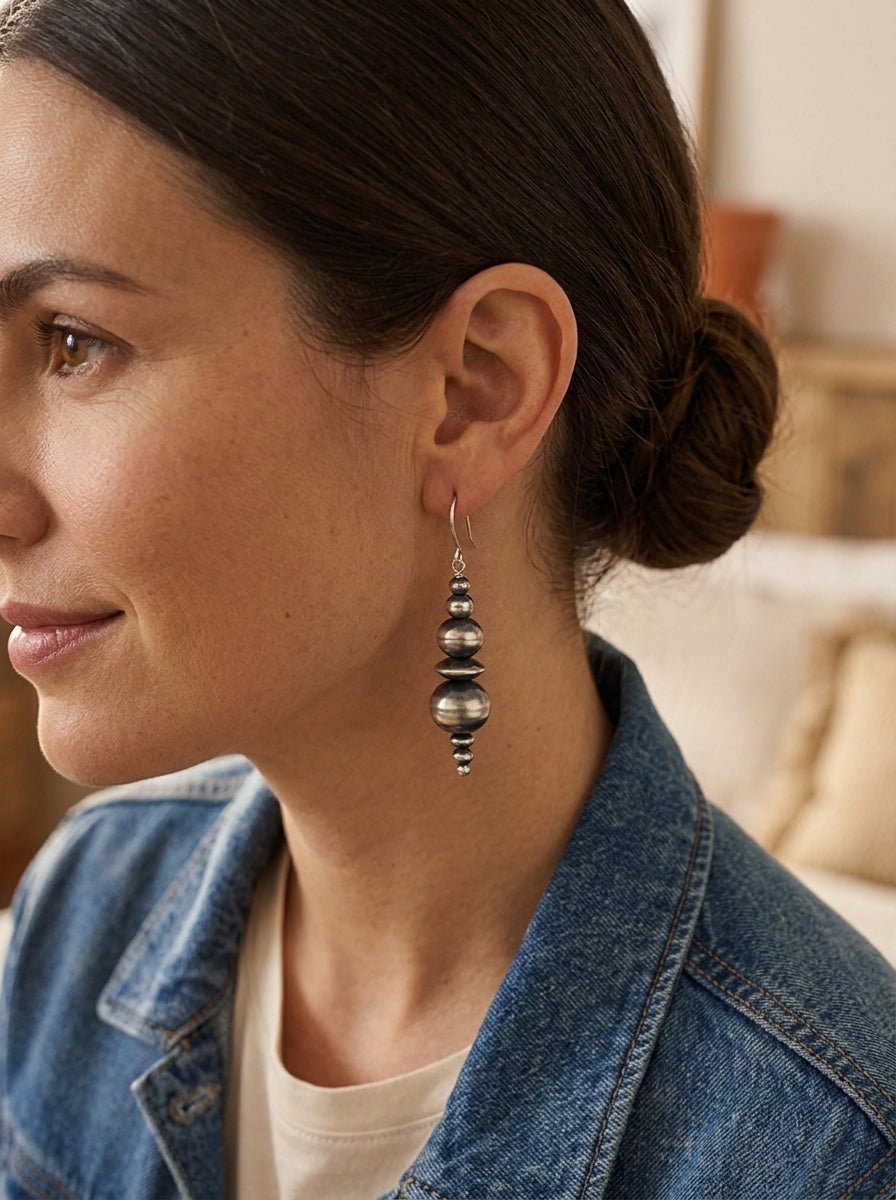Dorinda Mariano Sterling Silver Navajo Pearl Earrings — 2 3/8 inch (Handcrafted by Navajo Artist) - Cowhide and Conchos
