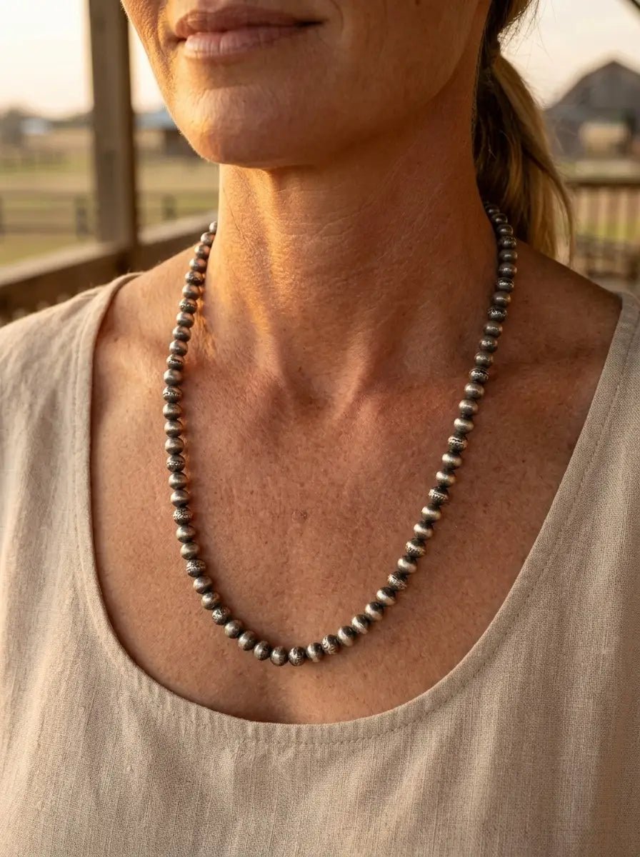Dorinda Mariano Sterling Silver Navajo Pearl Necklace — 22 inch (Handcrafted, Maker's Stamped) - Cowhide and Conchos