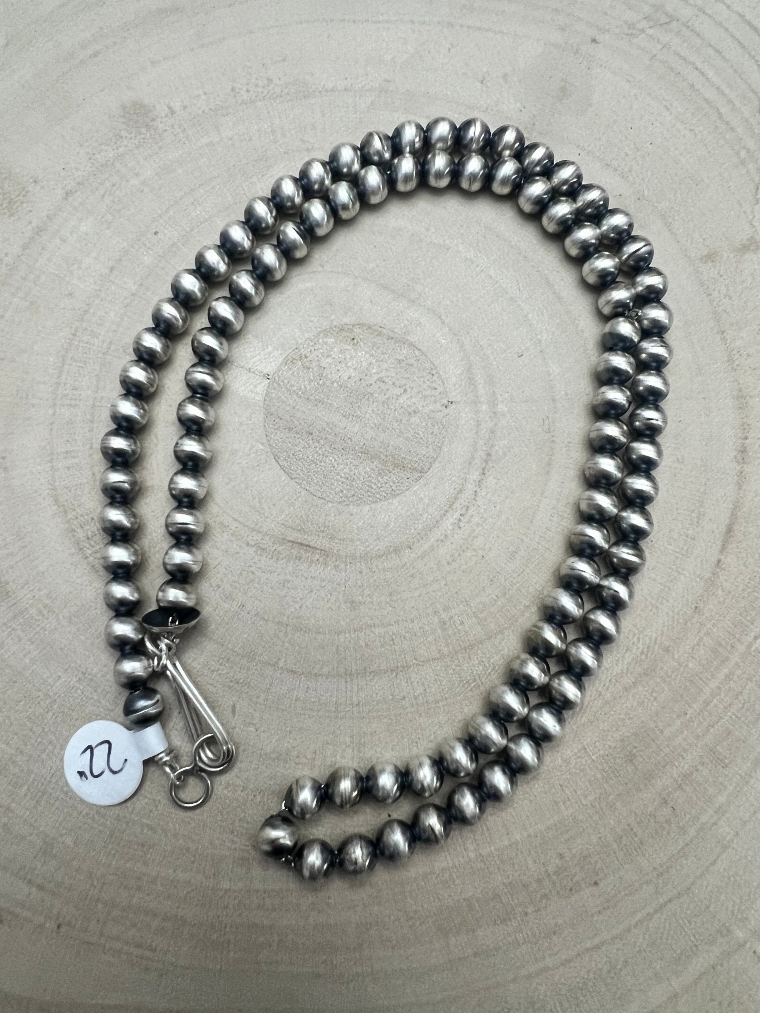 Dorinda Mariano Sterling Silver Navajo Pearl Necklace — 22 inch (Handcrafted, Maker's Stamped) - Cowhide and Conchos