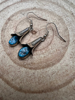 Doris Smallcanyon Kingman Turquoise Squash Blossom Earrings - Cowhide and Conchos