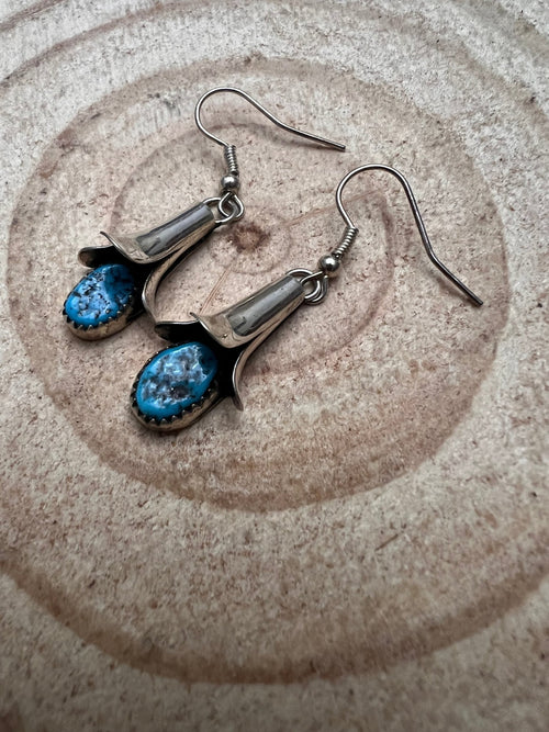 Doris Smallcanyon Kingman Turquoise Squash Blossom Earrings - Cowhide and Conchos