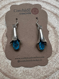 Doris Smallcanyon Kingman Turquoise Squash Blossom Earrings - Cowhide and Conchos