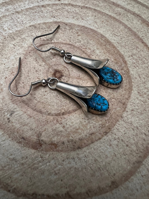 Doris Smallcanyon Kingman Turquoise Squash Blossom Earrings - Cowhide and Conchos