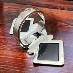 Double Checkered Sterling Ring - Adjustable 8 - Cowhide and Conchos