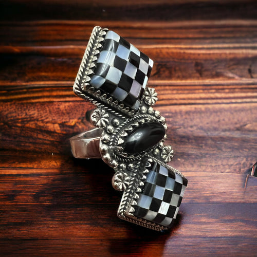 Double Checkered Sterling Ring - Adjustable 8 - Cowhide and Conchos