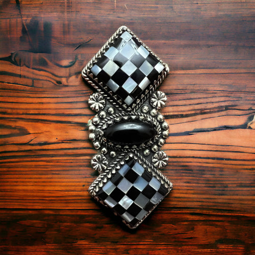 Double Checkered Sterling Ring - Adjustable 8 - Cowhide and Conchos