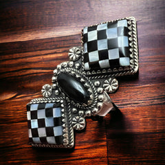 Double Checkered Sterling Ring - Adjustable 8 - Cowhide and Conchos