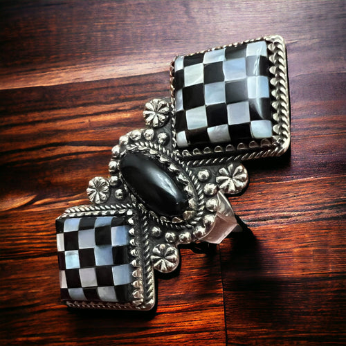 Double Checkered Sterling Ring - Adjustable 8 - Cowhide and Conchos