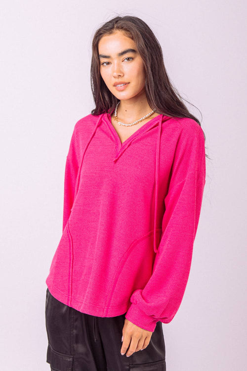 V-neck Puff Sleeve Hooded Knit Top - Hot Pink - Sm, Med, Lg available