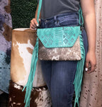 Aztec Turquoise Cowhide Fringe Crossbody