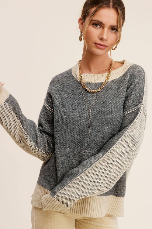 Loose Fit Color Block Textured Round Neck Sweater