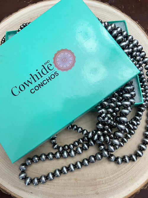 Eight Row Faux Sterling Pearl Layered Necklace Set - Cowhide and Conchos