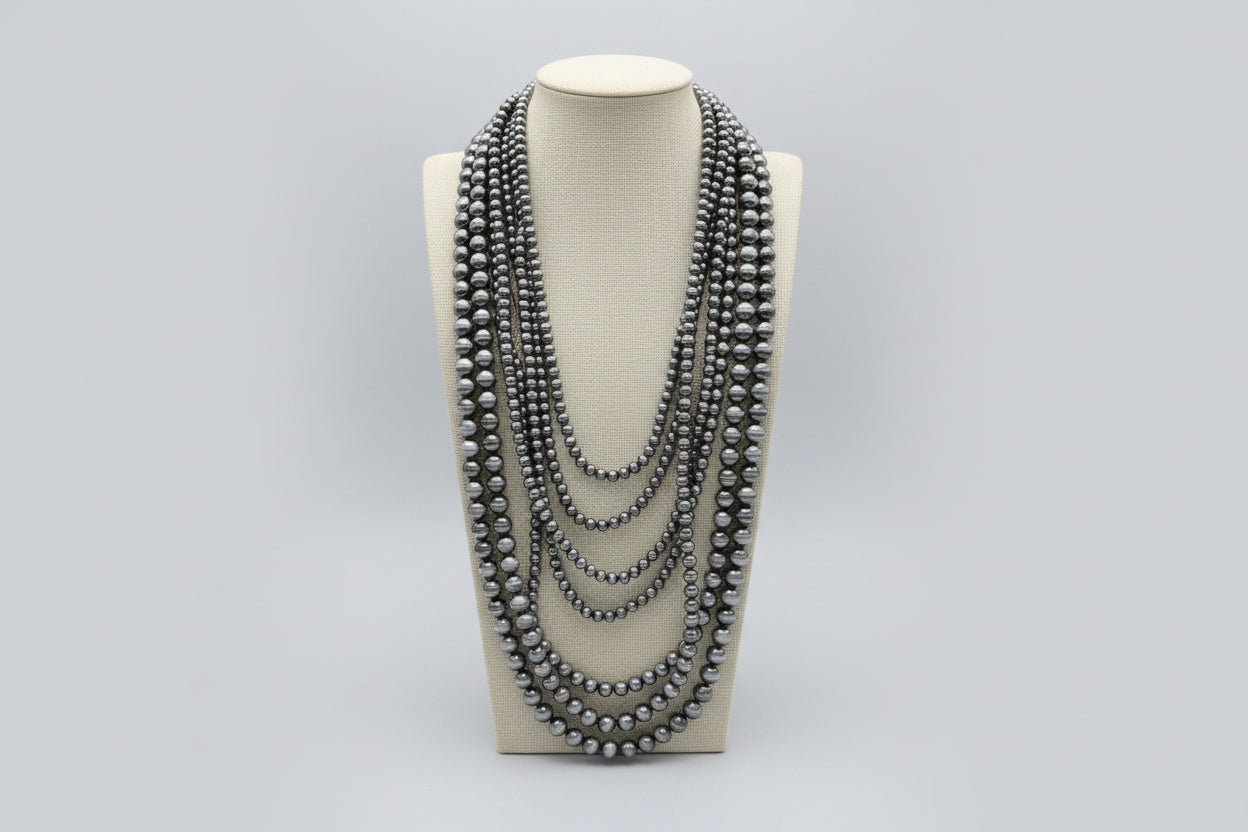 Eight Row Faux Sterling Pearl Layered Necklace Set - Cowhide and Conchos