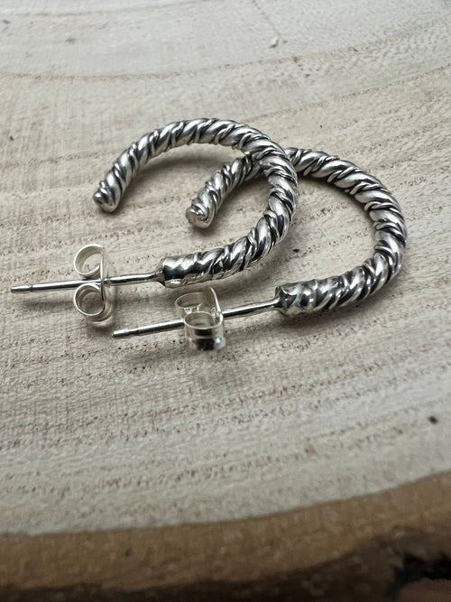 Elaine Tahe Sterling Silver Hoop Earrings - Cowhide and Conchos