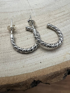 Elaine Tahe Sterling Silver Hoop Earrings - Cowhide and Conchos
