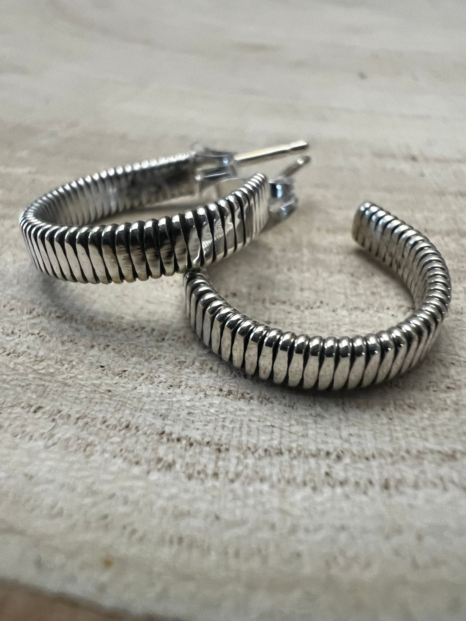 Elaine Tahe Sterling Silver Hoop Earrings - Cowhide and Conchos