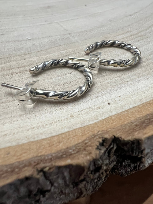 Elaine Tahe Sterling Silver Hoop Earrings - Cowhide and Conchos
