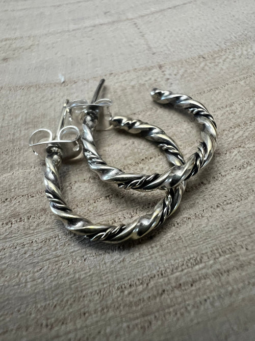 Elaine Tahe Sterling Silver Hoop Earrings - Cowhide and Conchos