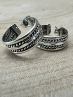 Elaine Tahe Sterling Silver Hoop Earrings - Cowhide and Conchos