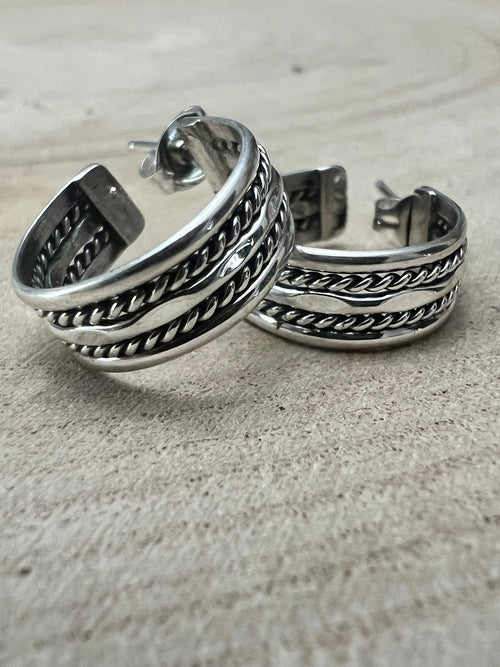 Elaine Tahe Sterling Silver Hoop Earrings - Cowhide and Conchos