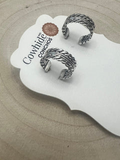 Elaine Tahe Sterling Silver Hoop Earrings - Cowhide and Conchos