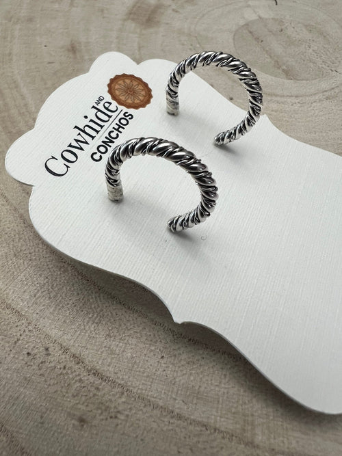 Elaine Tahe Sterling Silver Hoop Earrings - Cowhide and Conchos