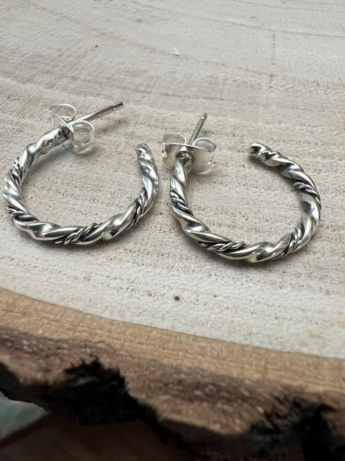Elaine Tahe Sterling Silver Hoop Earrings - Cowhide and Conchos