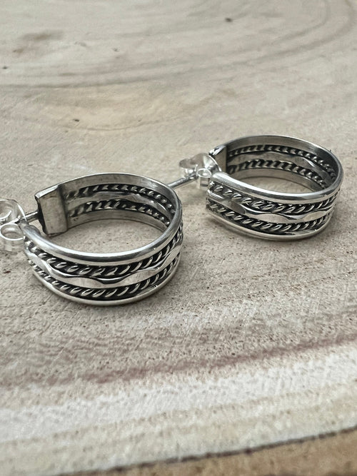 Elaine Tahe Sterling Silver Hoop Earrings - Cowhide and Conchos