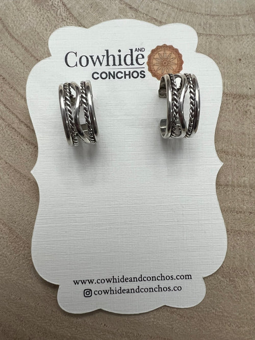 Elaine Tahe Sterling Silver Hoop Earrings - Cowhide and Conchos