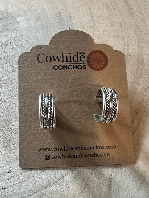 Elaine Tahe Sterling Silver Hoop Earrings - Cowhide and Conchos