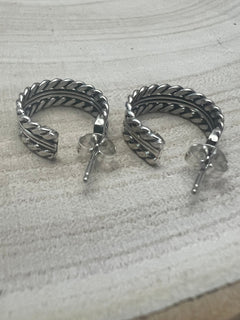 Elaine Tahe Sterling Silver Hoop Earrings - Cowhide and Conchos