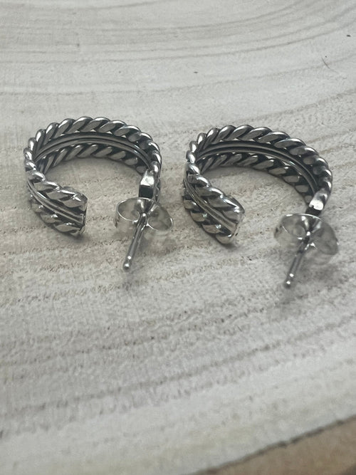 Elaine Tahe Sterling Silver Hoop Earrings - Cowhide and Conchos
