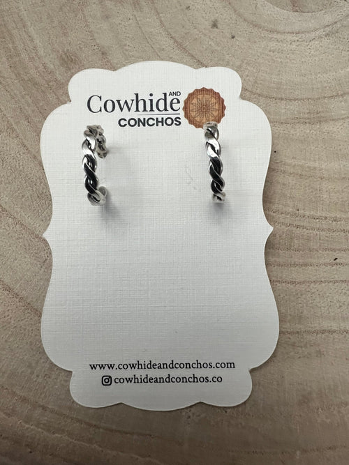 Elaine Tahe Sterling Silver Hoop Earrings - Cowhide and Conchos