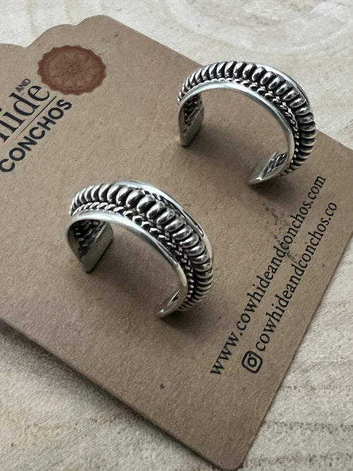 Elaine Tahe Sterling Silver Hoop Earrings - Cowhide and Conchos