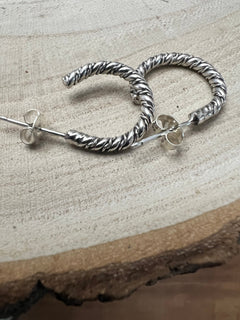 Elaine Tahe Sterling Silver Hoop Earrings - Cowhide and Conchos