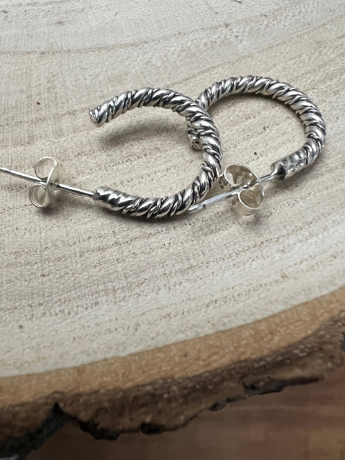 Elaine Tahe Sterling Silver Hoop Earrings - Cowhide and Conchos