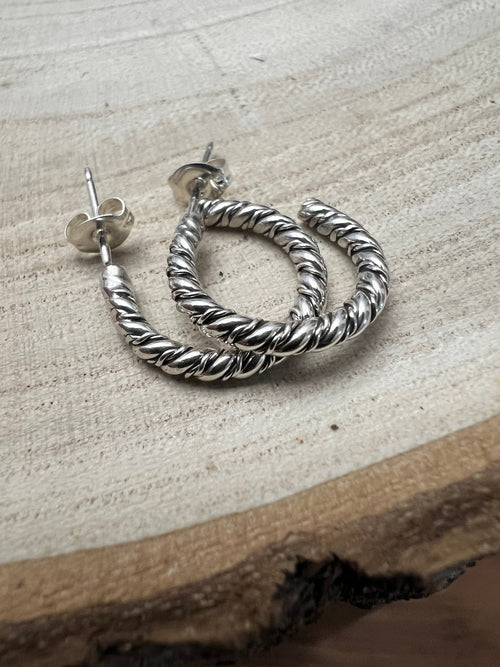 Elaine Tahe Sterling Silver Hoop Earrings - Cowhide and Conchos