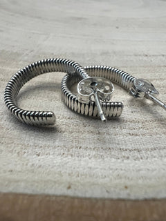 Elaine Tahe Sterling Silver Hoop Earrings - Cowhide and Conchos