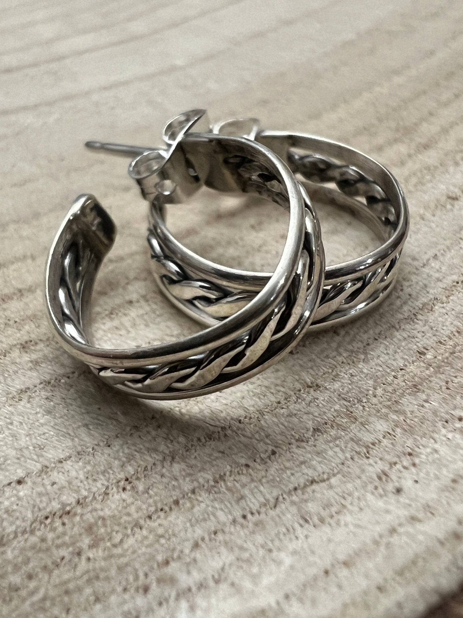 Elaine Tahe Sterling Silver Hoop Earrings - Cowhide and Conchos