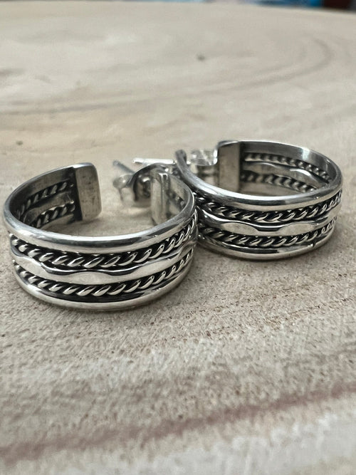 Elaine Tahe Sterling Silver Hoop Earrings - Cowhide and Conchos