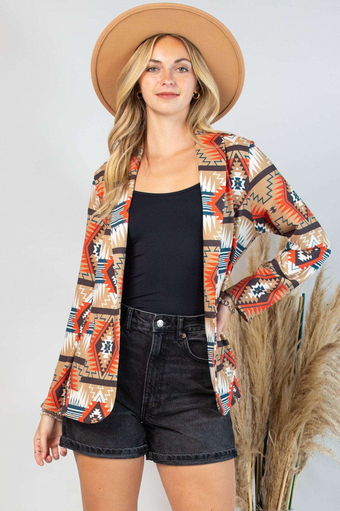 Ella Aztec Print Blazer with Pocket - Cowhide and Conchos