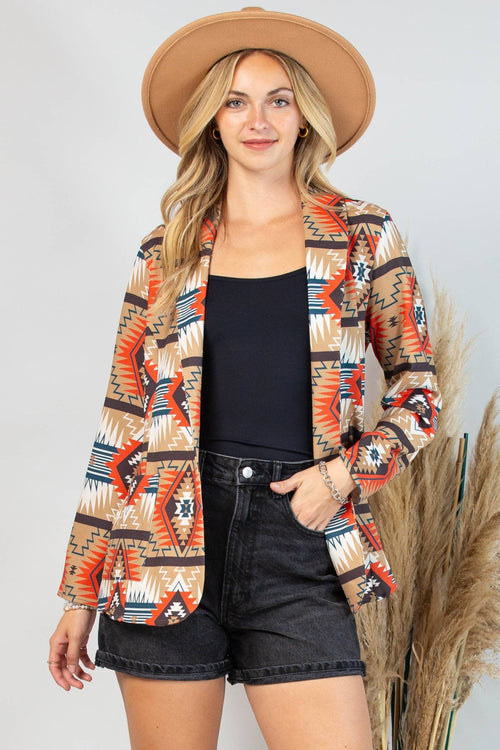 Ella Aztec Print Blazer with Pocket - Cowhide and Conchos