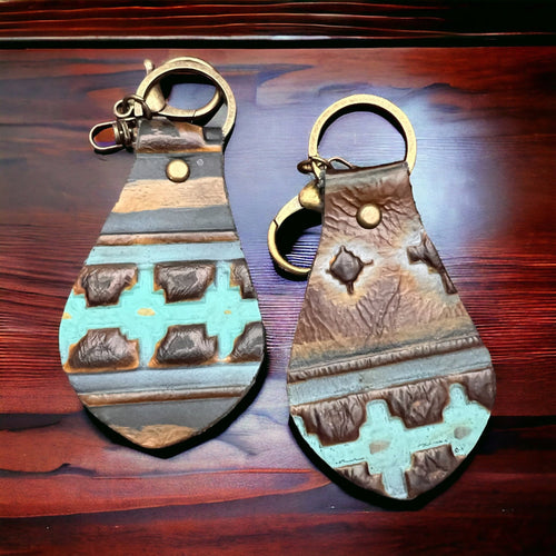 Embossed Leather Key Chain - Blue - Cowhide and Conchos