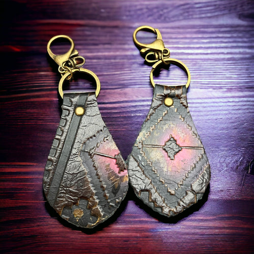 Embossed Leather Key Chain - Magenta - Cowhide and Conchos