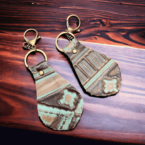 Embossed Leather Key Chain - Turquoise - Cowhide and Conchos