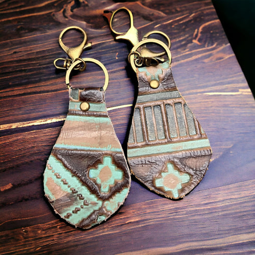 Embossed Leather Key Chain - Turquoise - Cowhide and Conchos