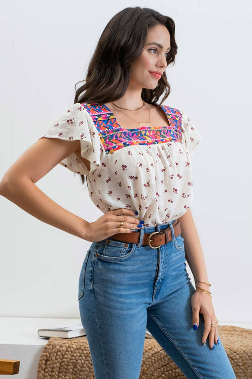 Embroidered Neckline Top - 1 medium remaining - Cowhide and Conchos