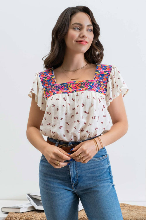 Embroidered Neckline Top - 1 medium remaining - Cowhide and Conchos
